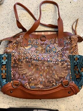 Artisan Embroidered Tote Bag with Brown Leather Trim #12
